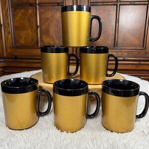 Vintage Set of 6 West Bend Thermo-Serv Gold Black Insulated Mugs Made in USA